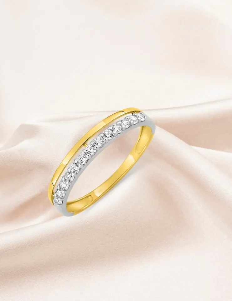 Alliance double serti griffes bicolore or 375 ‰ et oxydes de zirconium - Mariage
