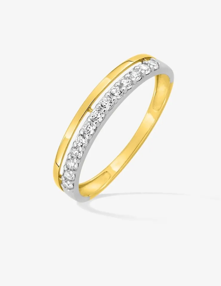 Alliance double serti griffes bicolore or 375 ‰ et oxydes de zirconium - Mariage