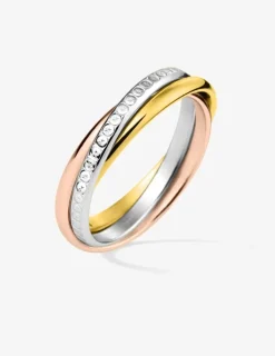 Alliance motif ciselé, or tricolore 750 ‰ trois anneaux - Mariage