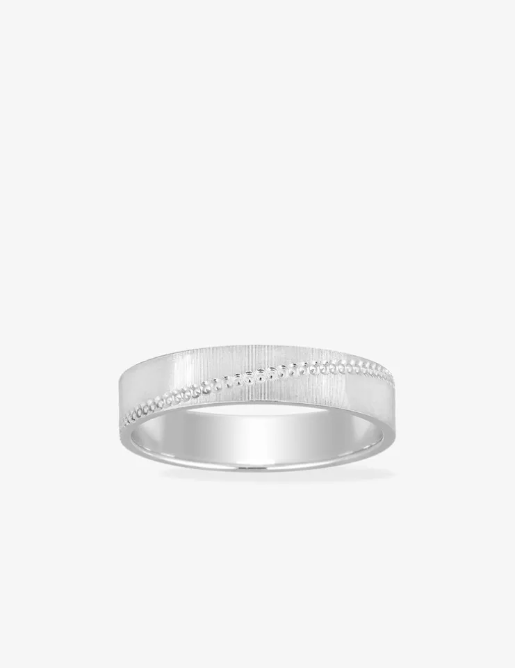 Alliance ruban 4 mm rainure diagonale perlée argent 925‰ rhodié - Mariage