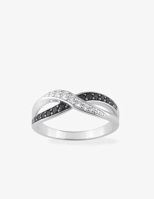 Bague 2 fines vagues entrelacées argent rhodié 925 ‰ et oxyde de zirconium blanc et noir SO OR