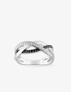 Bague 3 vagues entrelacées argent rhodié 925 ‰ et oxyde de zirconium blanc et noir SO OR