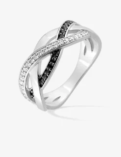 Bague 3 vagues entrelacées argent rhodié 925 ‰ et oxyde de zirconium blanc et noir SO OR