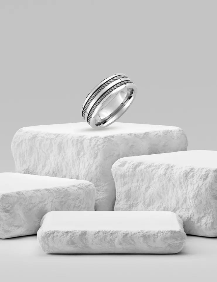 Bague acier CARGO 3 bandes finition brillant et 2 bandes câbles largeur 8mm SO OR