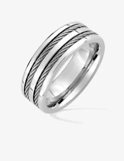 Bague acier CARGO 3 bandes finition brillant et 2 bandes câbles largeur 8mm SO OR