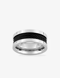 Bague acier CARGO bandes acier brillantes et bandes câbles laqué noir largueur 9mm SO OR