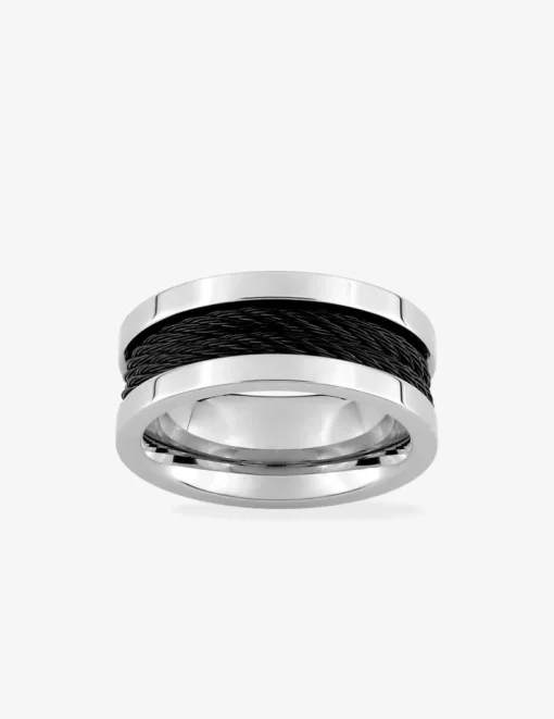Bague acier CARGO bandes acier brillantes et bandes câbles laqué noir largueur 9mm SO OR