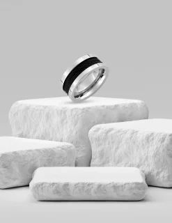 Bague acier CARGO bandes acier brillantes et bandes câbles laqué noir largueur 9mm SO OR