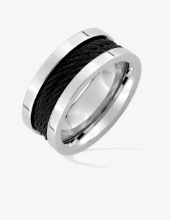 Bague acier CARGO bandes acier brillantes et bandes câbles laqué noir largueur 9mm SO OR