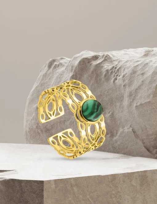 Bague acier doré et malachite SO OR