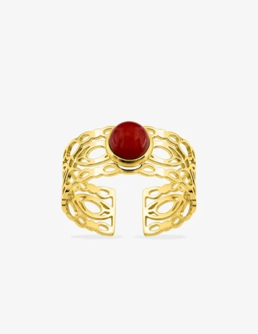 Bague acier doré et rubis synthétique SO OR