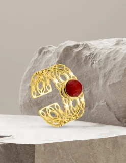 Bague acier doré et rubis synthétique SO OR