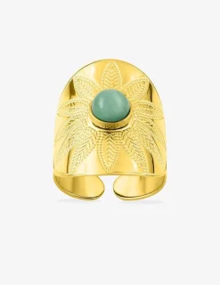 Bague acier doré fantaisie et jade verte SO OR