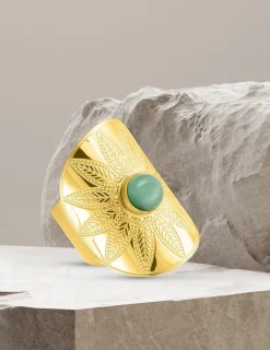 Bague acier doré fantaisie et jade verte SO OR