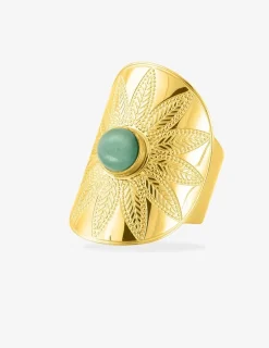 Bague acier doré fantaisie et jade verte SO OR