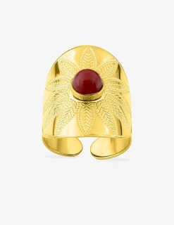 Bague acier doré fantaisie et agate rouge SO OR
