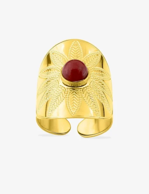Bague acier doré fantaisie et agate rouge SO OR