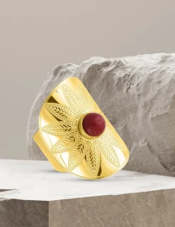 Bague acier doré fantaisie et agate rouge SO OR