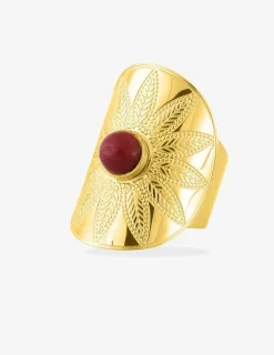 Bague acier doré fantaisie et agate rouge SO OR