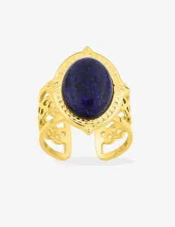 Bague acier doré fantaisie et lapis bleu synthétique SO OR