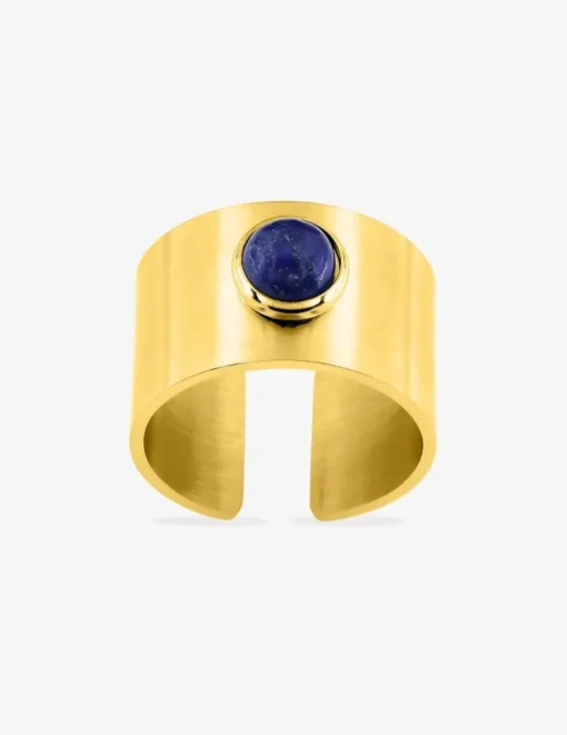 Bague acier doré lapis-lazuli bleu ajustable SO OR