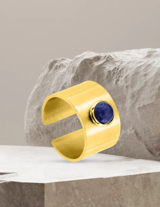 Bague acier doré lapis-lazuli bleu ajustable SO OR