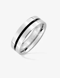 Bague acier gris, bande laquée noir SO OR
