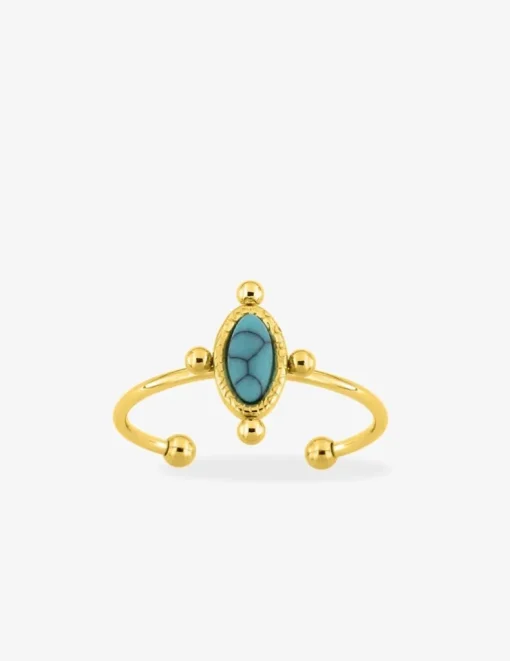 Bague ajustable en acier doré avec turquoise bleue synthétique SO OR