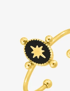 Bague ajustable motif étoilé acier doré et laque noire SO OR
