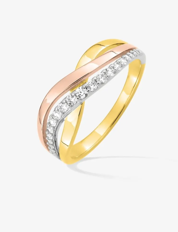Bague anneaux tricolores entrelacés plaqué or, rhodium et oxydes de zirconium SO OR