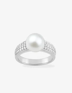 Bague argent rhodié 925 ‰, pavage oxyde de zirconium et perle 9 mm SO OR