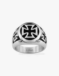 Bague chevalière en acier noir et gris motif croix SO OR