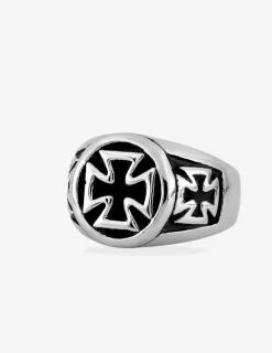 Bague chevalière en acier noir et gris motif croix SO OR