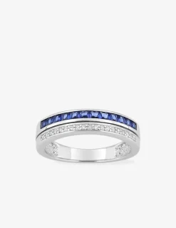 Bague double anneau argent 925‰ rhodié, oxydes de zirconium bleus et blancs SO OR