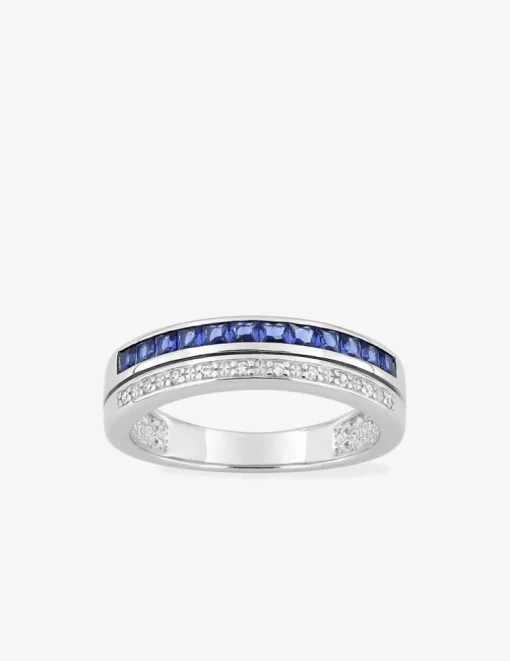 Bague double anneau argent 925‰ rhodié, oxydes de zirconium bleus et blancs SO OR