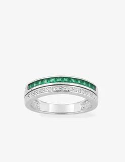 Bague double anneau argent 925‰ rhodié, oxydes de zirconium verts et blancs SO OR