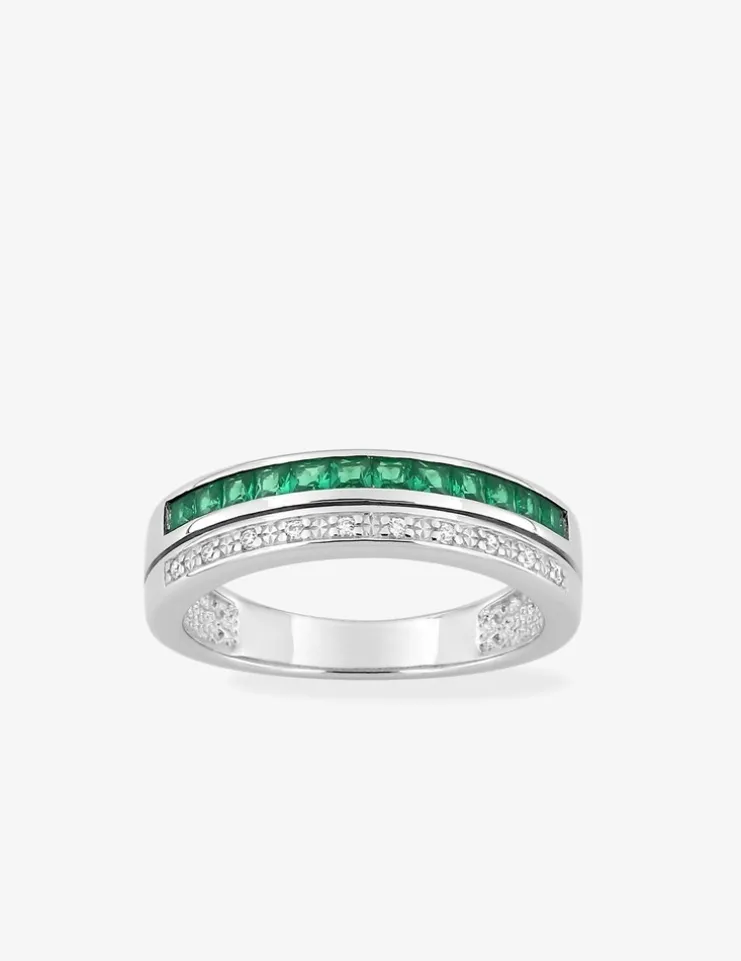 Bague double anneau argent 925‰ rhodié, oxydes de zirconium verts et blancs SO OR
