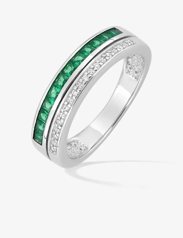 Bague double anneau argent 925‰ rhodié, oxydes de zirconium verts et blancs SO OR