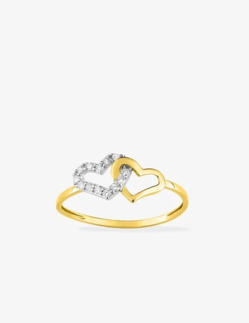 Bague double cœurs bicolore or 375 ‰ oxyde de zirconium SO OR