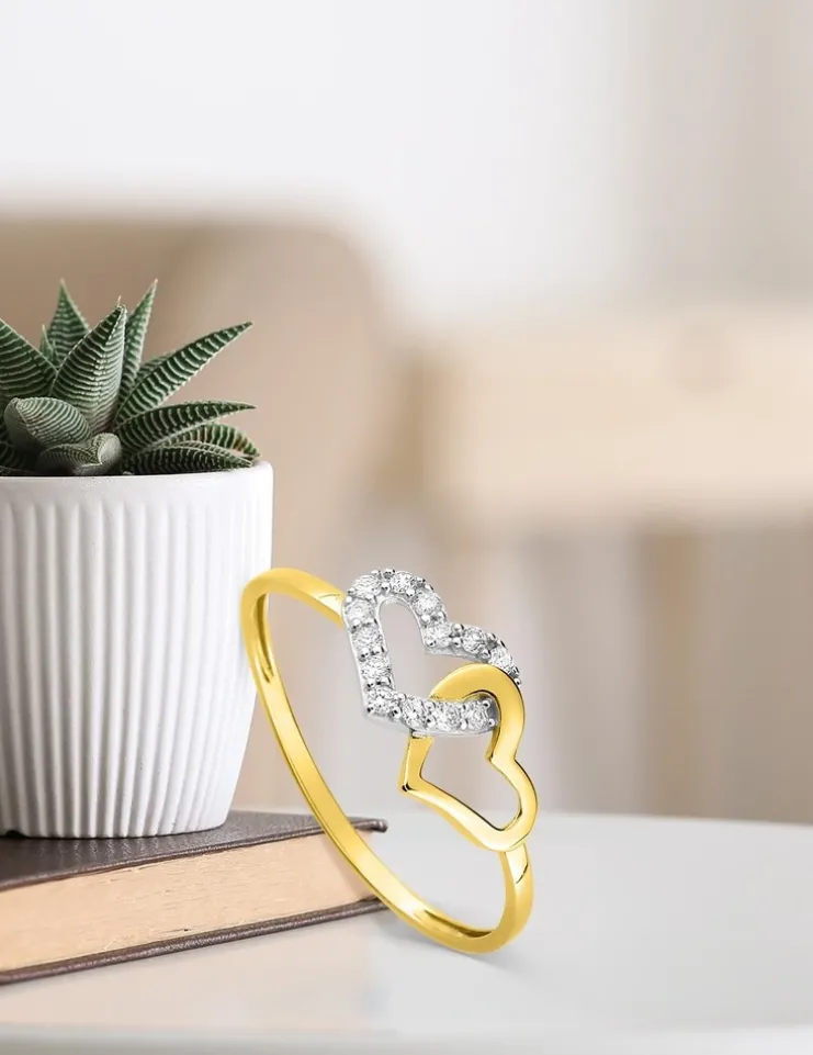 Bague double cœurs bicolore or 375 ‰ oxyde de zirconium SO OR