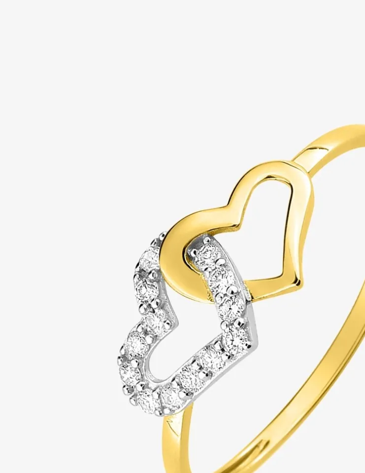 Bague double cœurs bicolore or 375 ‰ oxyde de zirconium SO OR