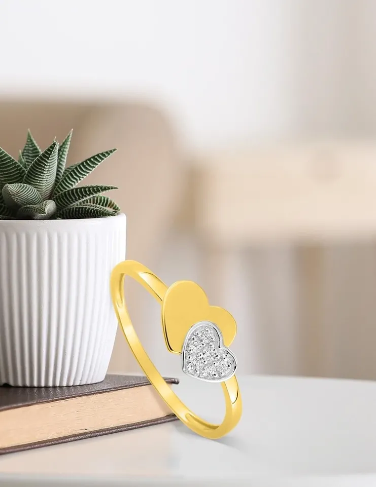 Bague double cœurs bicolore or 375 ‰ oxyde de zirconium SO OR