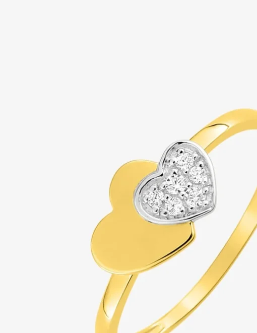 Bague double cœurs bicolore or 375 ‰ oxyde de zirconium SO OR
