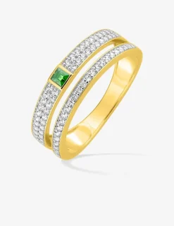 Bague double en or jaune 375‰, émeraude, oxydes de zirconium et rhodium SO OR