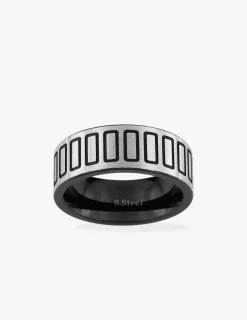 Bague en acier grise avec motifs laqués noirs SO OR