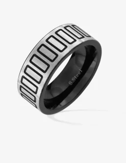 Bague en acier grise avec motifs laqués noirs SO OR