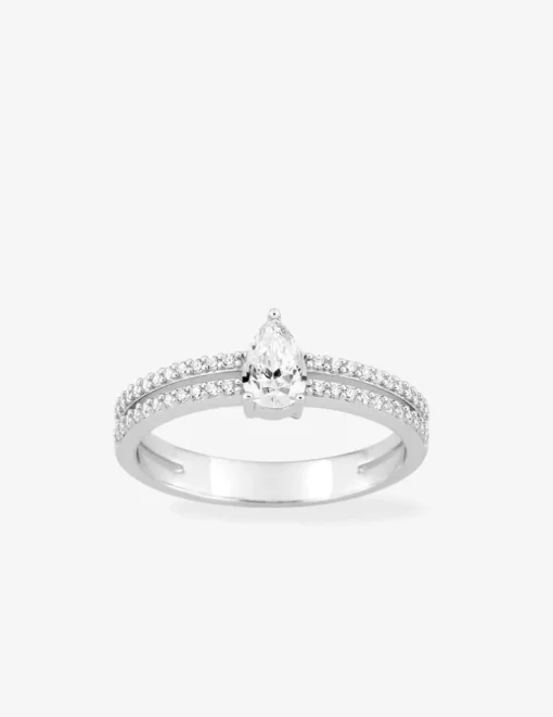 Bague en argent gris rhodié 925‰ solitaire avec 2 rangées avec goutte en oxyde blanc SO OR