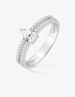 Bague en argent gris rhodié 925‰ solitaire avec 2 rangées avec goutte en oxyde blanc SO OR