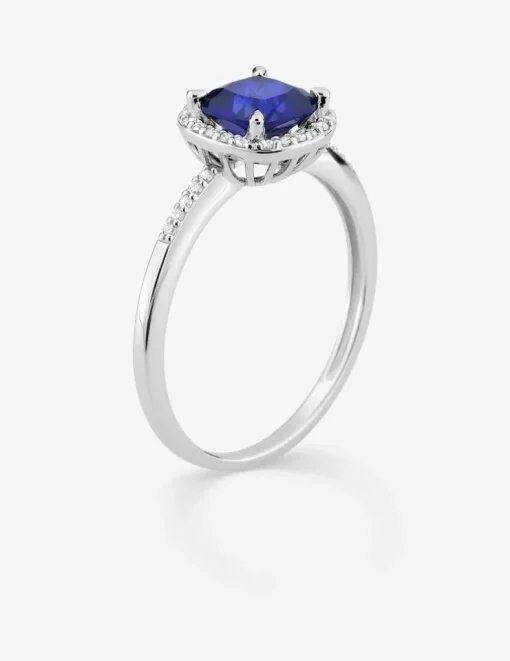 Bague en or blanc 375 ‰ avec saphir et diamants synthétiques 0,12 ct SO OR