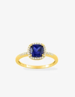 Bague en or jaune 375 ‰ avec saphir et diamants synthétiques 0,12 ct SO OR